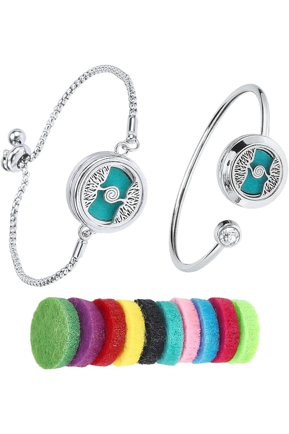 1 Box 2 Sets Essential Oil Bracelets Tree of Life Bangle Bracelet with 10Pcs Refill Pads Aromatherapy Diffuser Stainless Steel Adjustable Chain Band Pendant Jewelry for Women Gifts Birthday