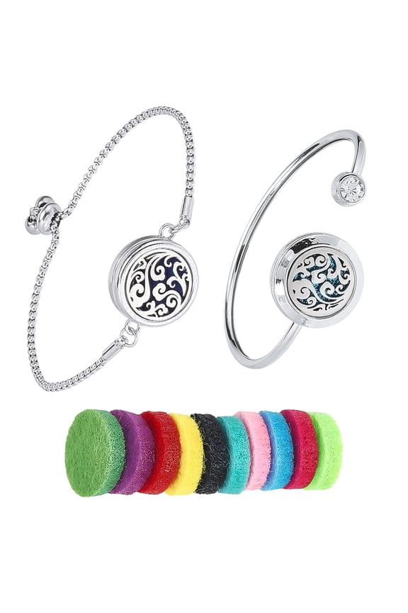 1 Box 2 Sets Essential Oil Diffuser Bracelet Adjustable Bangles with 10Pcs Refill Pads Stainless Steel Clouds Aromatherapy Locket Adjustable Jewelry for Women Travel Birthday DIY Gifts DIY