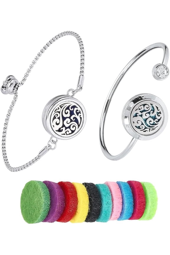 1 Box 2 Sets Essential Oil Diffuser Bracelet Adjustable Bangles with 10Pcs Refill Pads Stainless Steel Clouds Aromatherapy Locket Adjustable Jewelry for Women Travel Birthday DIY Gifts