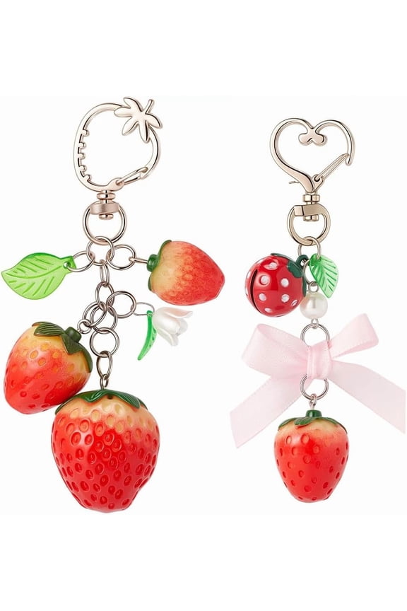 1 Box 2 Styles Cute Strawberry Keychain Charm Bulk Strawberry Handbag Charm Heart Alloy Swivel Clasp Ribbon Bowknot Resin Aesthetic Key Chain Charms for Bags Purse Backpack Decorations Gifts