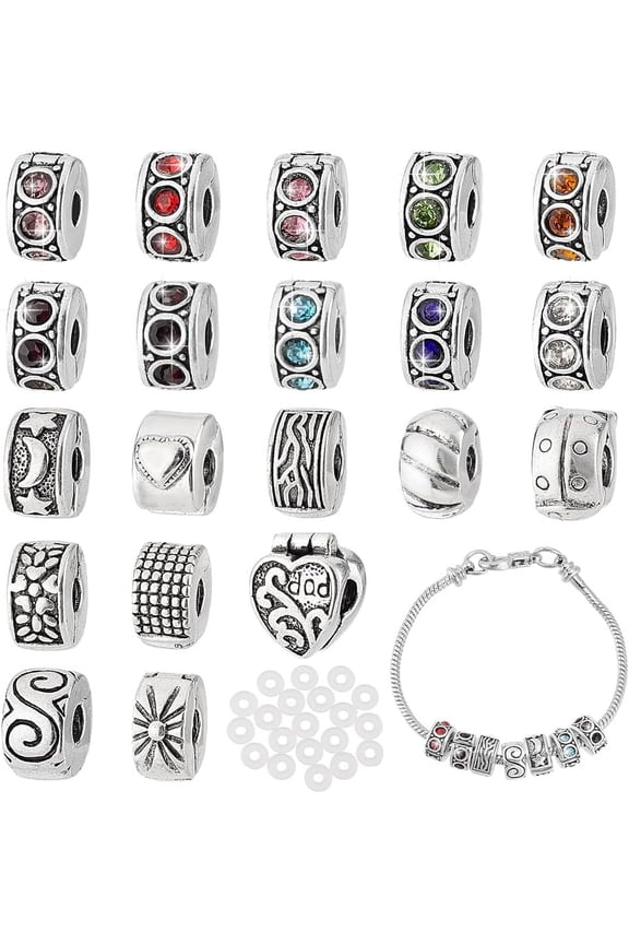 1 Box 20 Pcs Clip Lock Bead Charms with 20 Pcs Silicon Rubber Stopper O-rings Fit European Style Bracelet for Jewelry Making Mixed Color