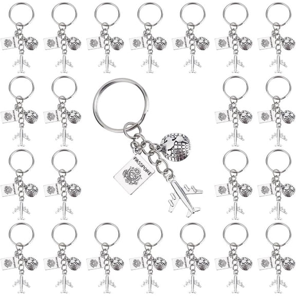 1 Box 20 Pcs Travel Themed Keychains Bulk Airplane Key Chains Earth Journey Adventure Airplanes Maps Passport Word Pilot Aviator Keys Chains DIY