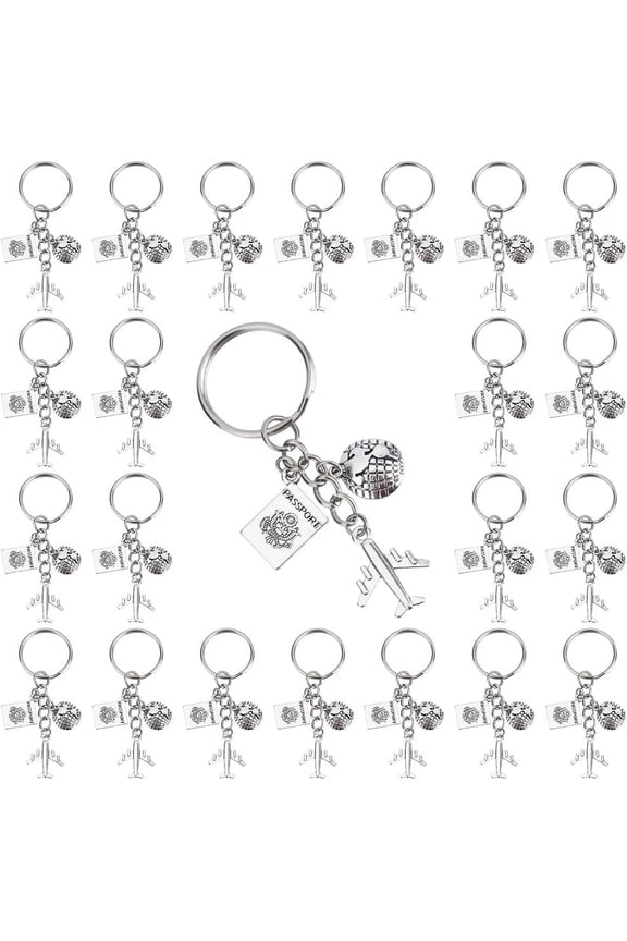 1 Box 20 Pcs Travel Themed Keychains Bulk Airplane Key Chains Earth Journey Adventure Airplanes Maps Passport Word Pilot Aviator Keys Chains DIY