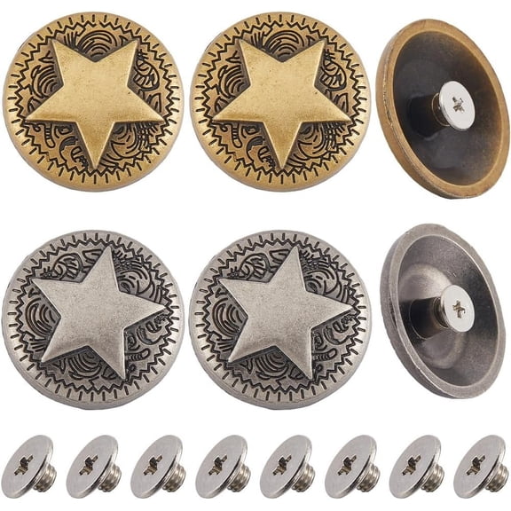 1 Box 20 Sets 2 Colors Star Decorative Buckles Vintage Concho Screw Back Hollow Out Buttons Replacement Round Metal Buckle Castings for DIY Leather Sewing Craft Purse Bags Decor 1" Dia For Crafting