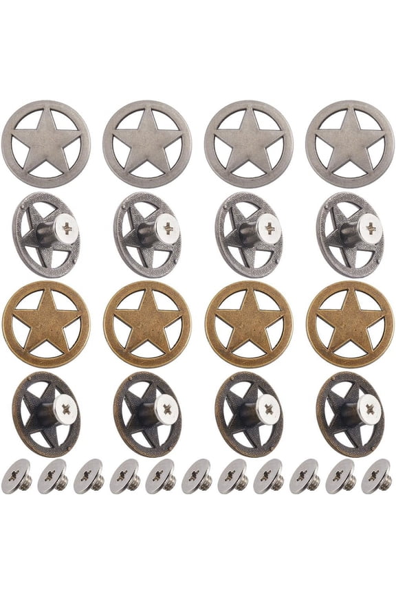 1 Box 20 Sets 2 Colors Star Decorative Buckles Vintage Concho Screw Back Hollow Out Buttons Replacement Round Metal Buckle Castings for DIY Making