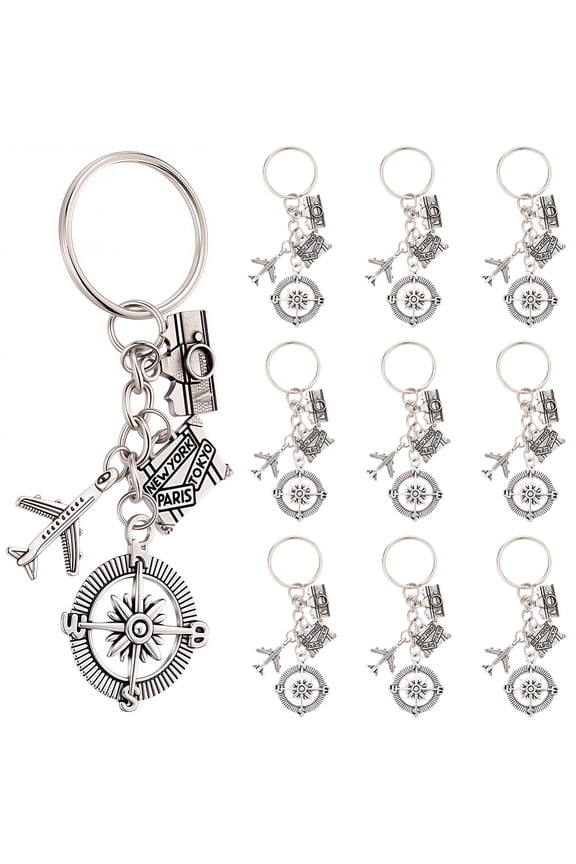 1 Box 20 Sets Airplane Keychains Bulk Travel Key Chains Pack Metal Silver Pilot Journey Passport Aircraft Camera Compass Charms