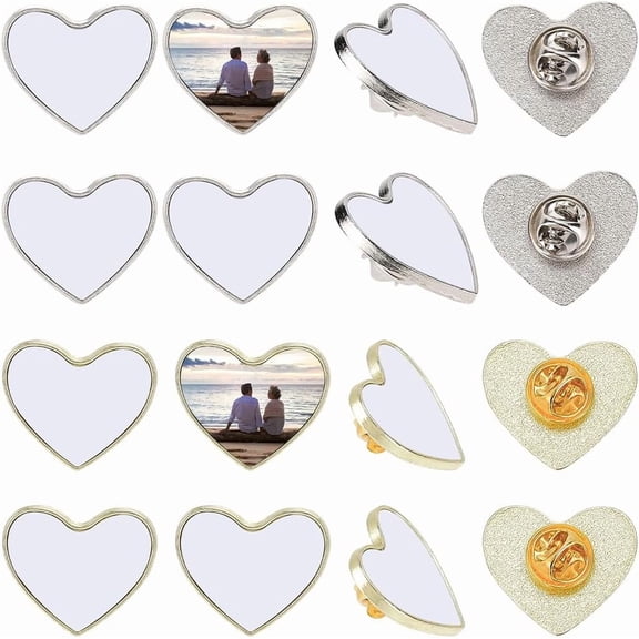 1 Box 20 Sets DIY Button Pin Banks Sublimation Button Blanks Bulk Heart Shape Bezel Tray Brooch Love Aluminum Sheet with Pin Backs for Badge Craft Jewellery Making Picture Name Tags Projects