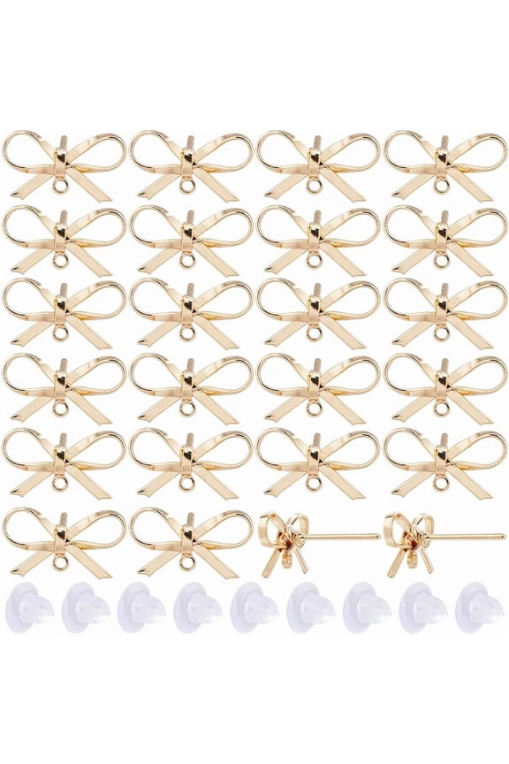 1 Box 20 Sets Real 18K Gold Plated Earring Posts Stud Earring Findings Earring Studs Earring Stud with Hole Bowknot Post Earrings for Jewelry Making Accessories DIY Dangle Earrings Supplies