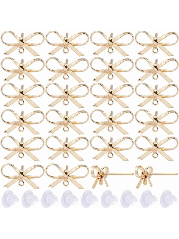 1 Box 20 Sets Real 18K Gold Plated Earring Posts Stud Earring Findings Earring Studs Earring Stud with Hole Bowknot Post Earrings for Jewelry Making Accessories DIY Dangle Earrings Supplies