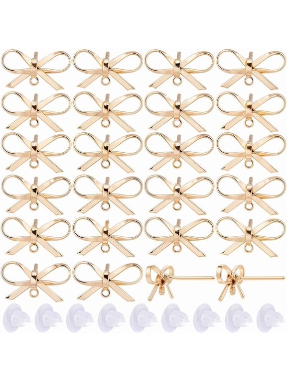 1 Box 20 Sets Real 18K Gold Plated Earring Posts Stud Earring Findings Earring Studs Earring Stud with Hole Bowknot Post Earrings
