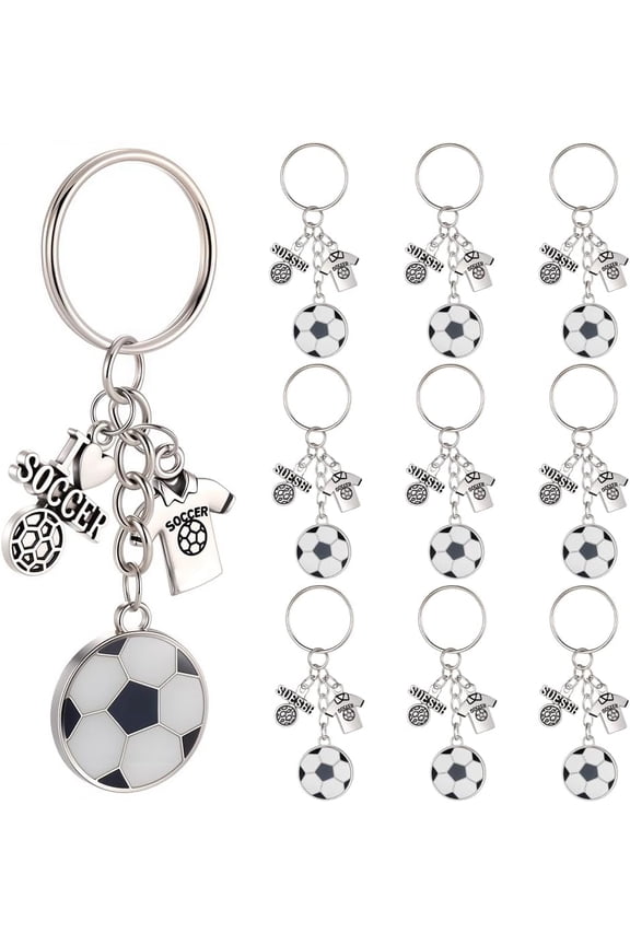 1 Box 20 Sets Soccer Themed Keychains Sport Key Chains Bulk Metal Silver Flat Soccers Clothes Team Souvenir Rewards Keyring for Crafts Party Wedding Favor DIY Door Keys Handbag Supplies Men