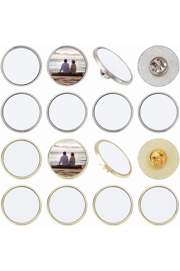 1 Box 20 Sets Sublimation Blank Buttons Flat Round Brooch Pins DIY Button Pin Blanks Bezel Trays Circle Aluminum Sheet Accessories for Badge Craft Jewellery Making Picture Name Tags Projects