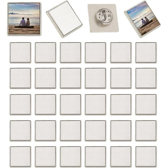 1 Box 20 Sets Sublimation Blank Buttons Sublimation Pins Bulk Heat Transfer Silver Square Blank Aluminum Sheet Base Pins Badge