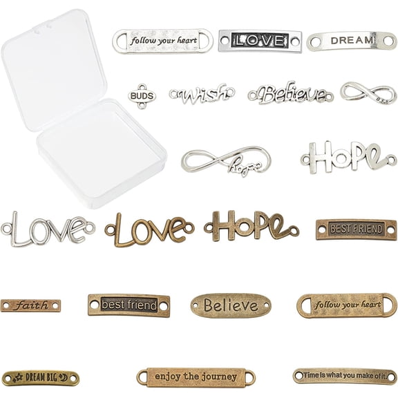 1 Box 20 Styles Connector Charms Tibetan Style Inspiration Words Infinity Love Heart Letter BFF Links Alloy Metal Pendants for Jewelry Making DIY Necklace Bracelet Crafting 2 Colors for DIY