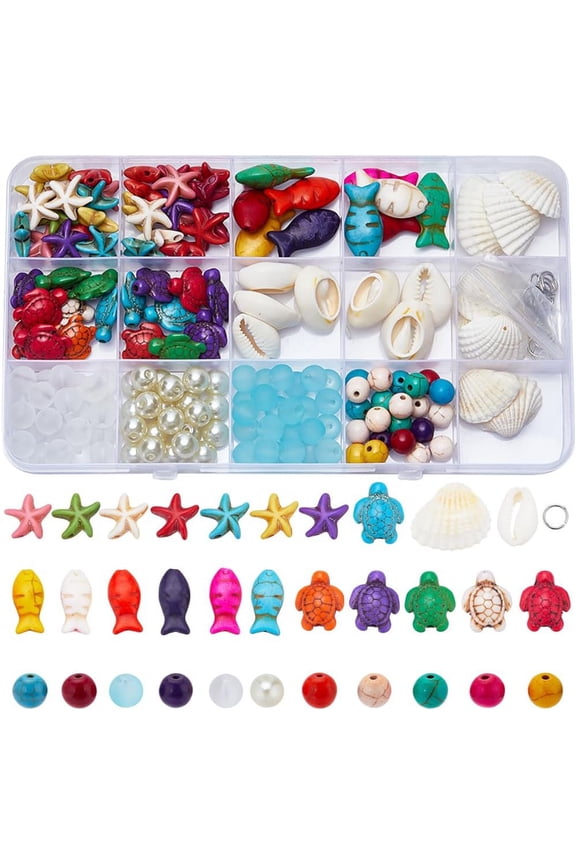 1 Box 200+Pcs Turtle Beads Starfish Beads Bulk Style Natural Shell Charms Colorful Fish Beads Summer Ocean Sea Animal Bead Set 8mm Round Glass Beads for Jewelry Making Beading Kits