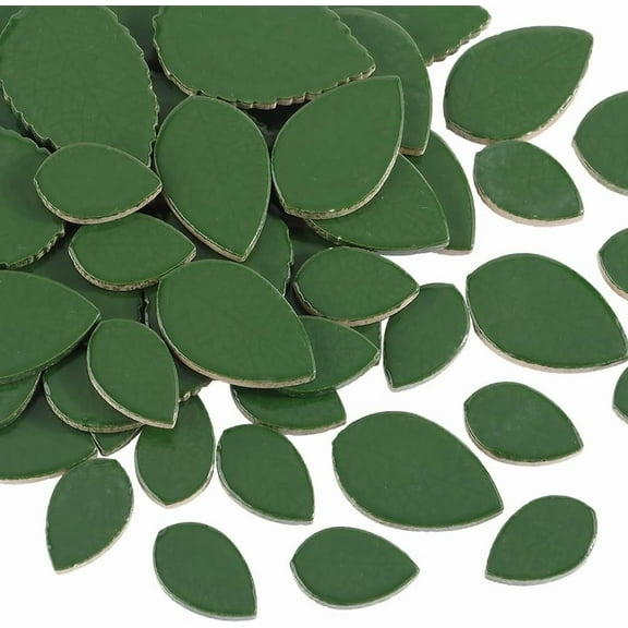 1 Box 200G Green Leaf Ceramic Tile Craft Mosaic Pieces Porcelain Opaque Small Dark Green Leaves Shaped Flower Stained Cabochons Tiles