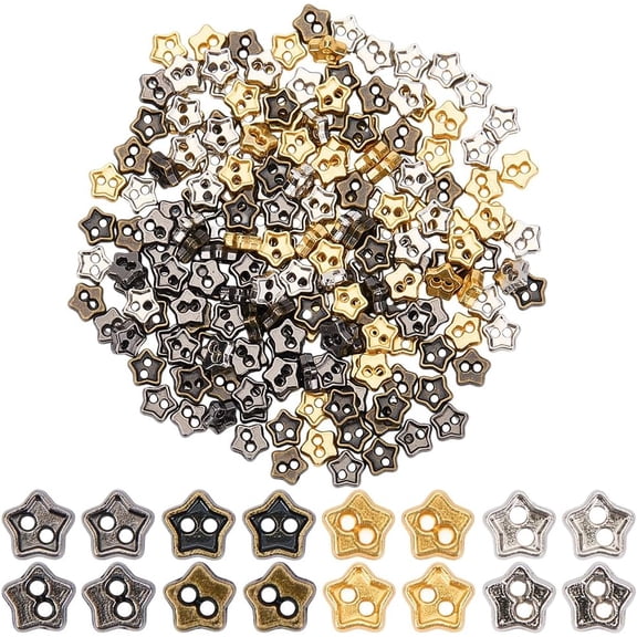 1 Box 200PCS Alloy Two Hole Mini Star Shaped Buttons Multiple Gold Black Brown Silver Five Pointed Stars Metallic Assorted Button for Sewing Making Clothing DIY Craft Headbands Accessory