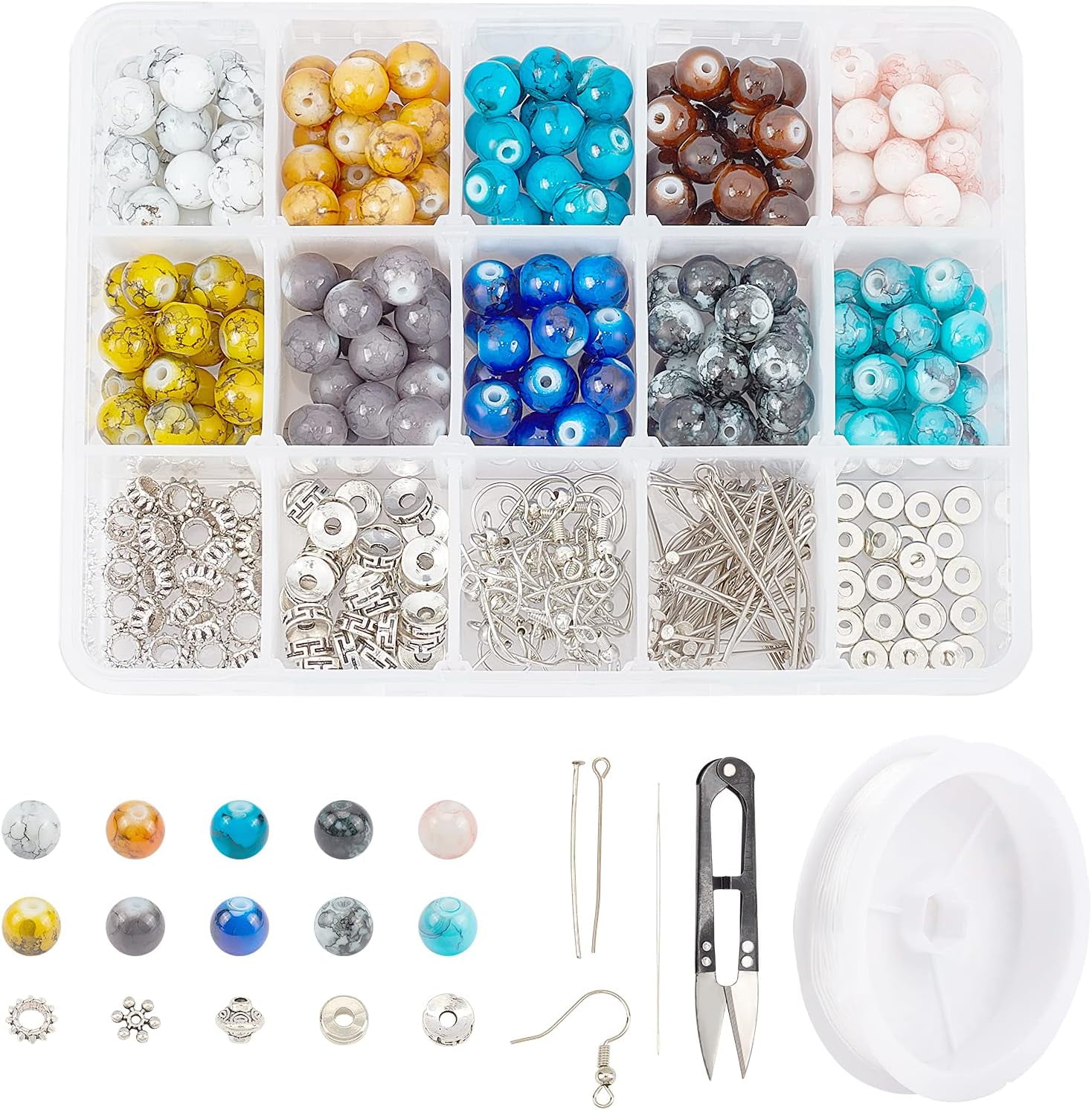1 Box 200Pcs 10 Colors 8mm Glass Beads Jewellery Making Kit 150Pcs Alloy Loose Spacer Bead with Beading Needle Earring Hooks Elastic Thread Steel Scissors for DIY Jewelry Making Multi-color