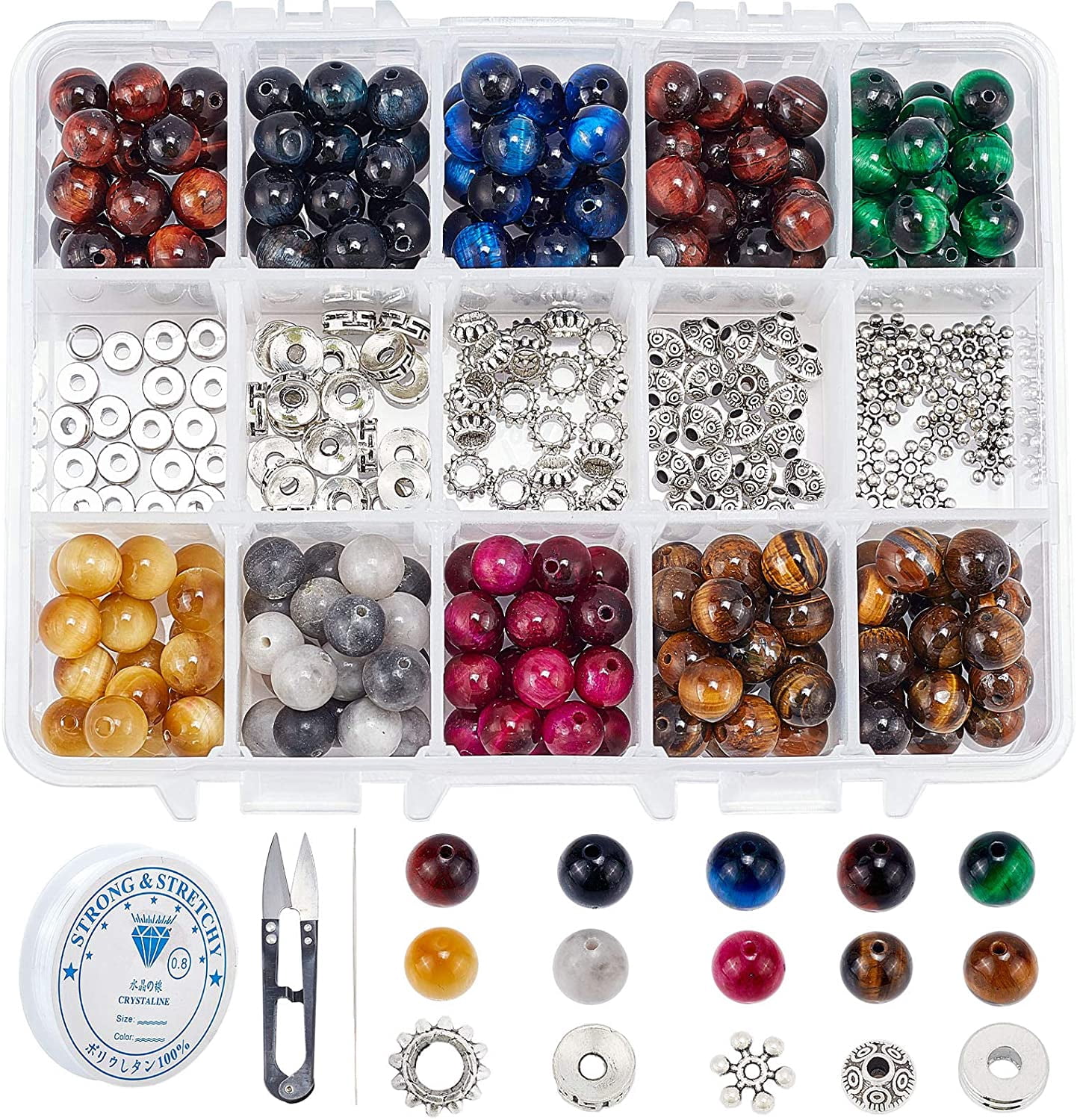 1 Box 200Pcs 10 Colors Natural Tiger Eye Beads 100Pcs Various Shapes Spacer Beads Thread Scissor DIY