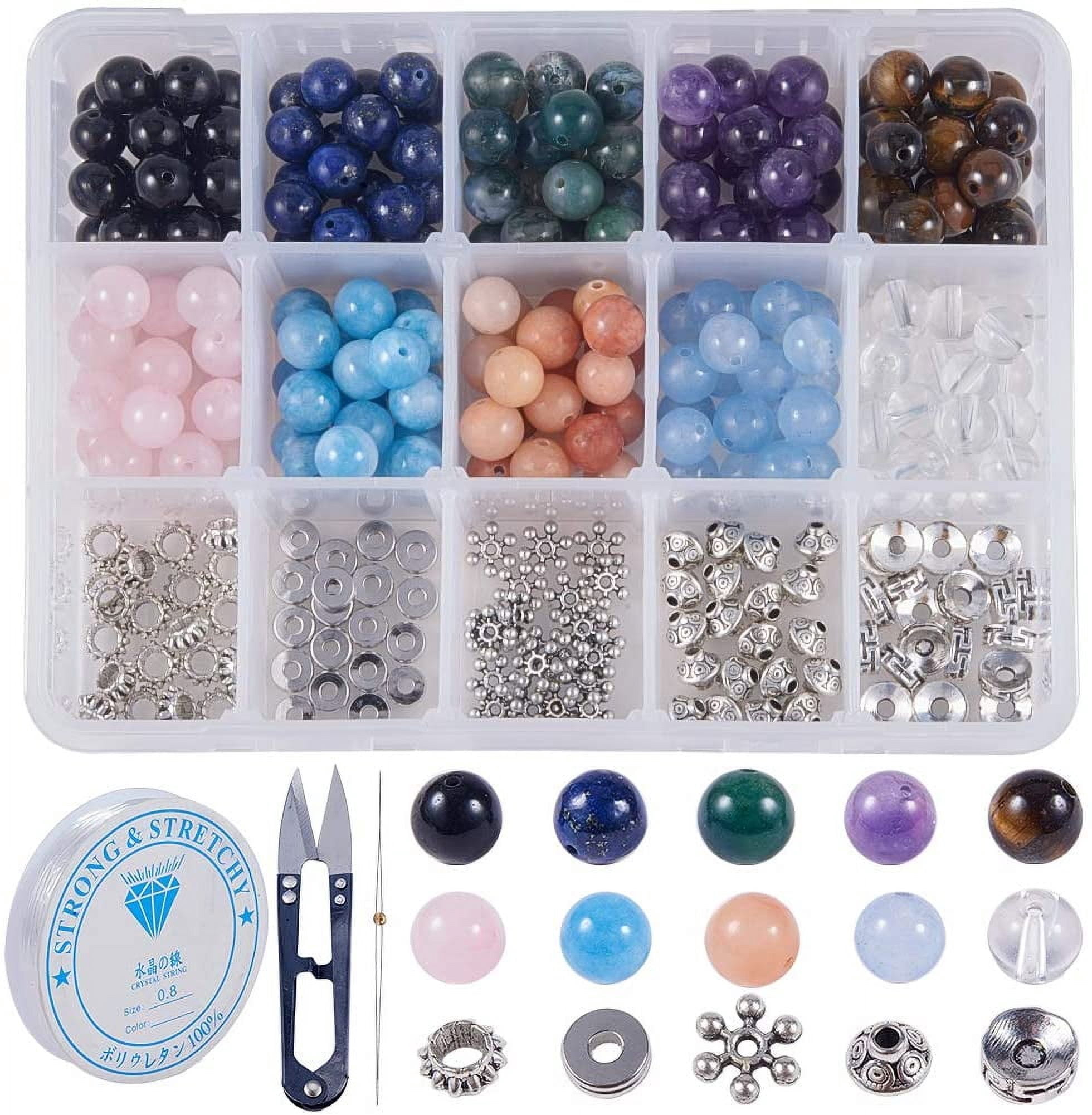 1 Box 200Pcs 10 Styles Gemstone Round Loose Beads with 100Pcs 5 Styles Bicone Spacer Beads Beading Needles Scissors Thread for DIY Bracelet Jewelry Making Supplies Craft Mixed Color Mixed Color