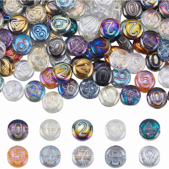 1 Box 200Pcs 10 Styles Glass Number Beads Flat Round Spacer Bead Bulk Multicolor Electroplate Figure Loose Spacers Seed Beads for Jewelry Making Necklace Bracelets Crafts Accessories colorful DIY