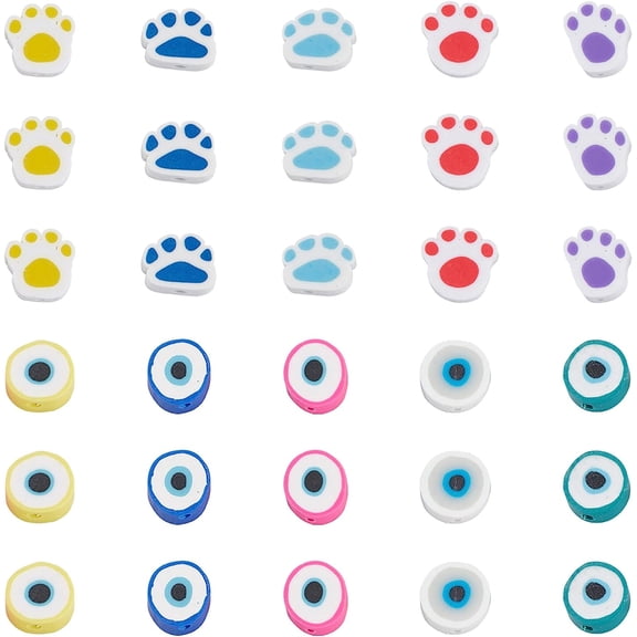 1 Box 200Pcs 10 Styles Paw Print Beads Bulk Flat Round Colorful Handmade Animal Polymer Clay Bead Large Hole Loose Spacer Elastic Thread for DIY Jewelry Making Crafts Supplies colorful
