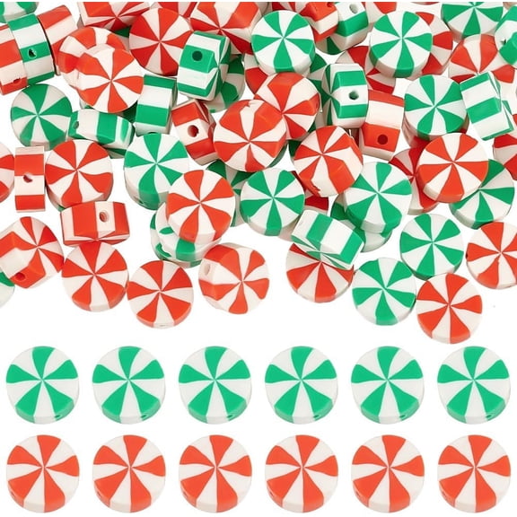 1 Box 200Pcs 10mm Christmas Polymer Clay Beads Candy Beads Cute Red Green Candy Round Flat Disc Vinyl Spacer Loose Beads Bulk