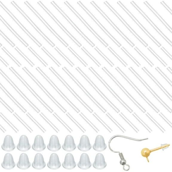1 Box 200Pcs 2 Size Earrings Sleeves Silicone and Plastic Tube Earring Sleeve Piercing Protectors with 200Pcs Bell Ear Nuts for Ears Blank Earring Pin Studs Jewelry Findings