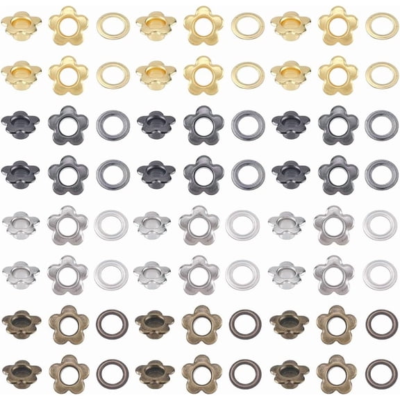 1 Box 200Pcs 4 Colors Flower Metal Eyelets Bulk Brass Silver Golden Black Floral Grommets Rivet Eyelet Findings with 5mm Hole for Leather Scrapbooking Belt Bag Clothes DIY Craft Making DIY