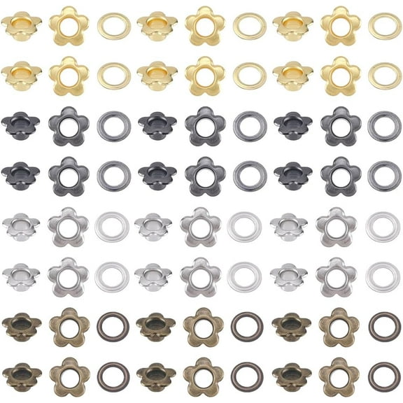1 Box 200Pcs 4 Colors Flower Metal Eyelets Bulk Brass Silver Golden Black Floral Grommets Rivet Eyelet Findings with 5mm Hole for Leather Scrapbooking Belt Bag Clothes DIY Craft Making DIY