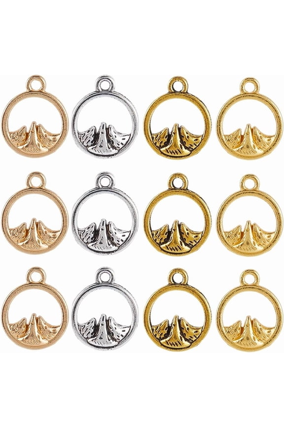 1 Box 200Pcs 4 Colors Mountain Charm Mountain Range Charms Bulk Gold Silver Round Dangle Hollow Hilltop Nature Pendants