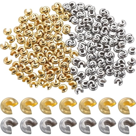 1 Box 200Pcs 6Mm Jewelry Bead Covers Gold Crimp Beads Bulk Brass Small Silver Stoppers Half Round Open Crimp Beads Knot Covers for Jewelry Making Necklaces Bracelets Earrings Supplies Crafts