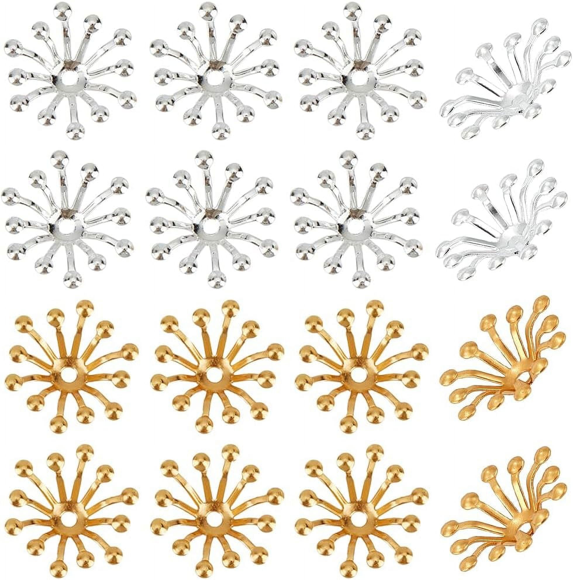 1 Box 200Pcs Bead End Caps Flower Stamen Filigree Beads End Caps 3D Golden Silver Brass Flower Spacer End Cap Metal Multi-Petal Bead Caps for Jewelry Making DIY Earrings Necklace Supplies