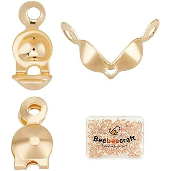1 Box 200Pcs Bead Tips Knot Covers 18K Gold Plated Brass Clamshell Crimp Tips Beads Fold-Over Bead Covers Ends Caps for DIY Bracelets Necklaces (3mm Cup)