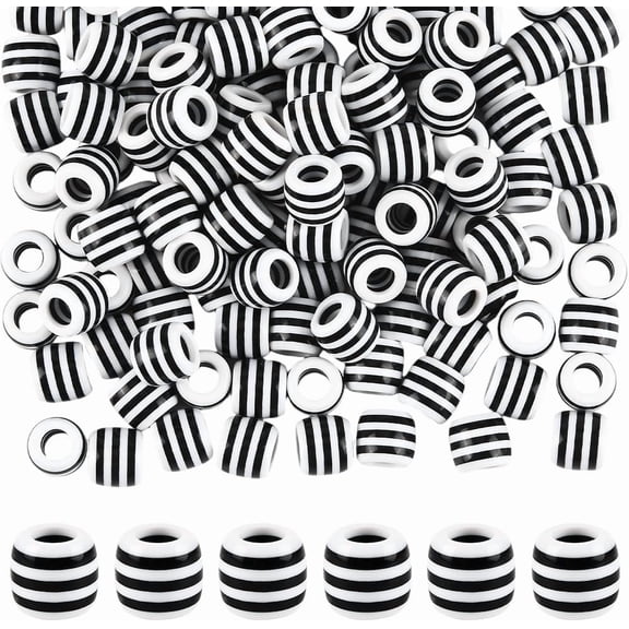 1 Box 200Pcs Black and White Striped Beads Resin Striped Beads Bulk Loose Opaque Chunky Barrel Large Hole Spacers