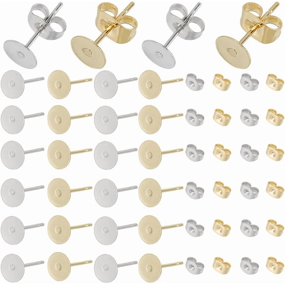 1 Box 200Pcs Flat Pad Earring Post Stainless Steel Stud Earring Findings Hypoallergenic Round Blanks Earring Studs with Butterfly Ear Back Gold Earring Posts for DIY Jewelry Making Supplies Craft