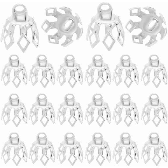 1 Box 200Pcs Flower Spacer Bead Caps Silver Bead Bail Caps Brass Hollow with 7 Petal Prong and Loop End Bell Bead Caps for DIY Jewelry Making Earrings Pendants Bracelets Supplies DIY Crafts