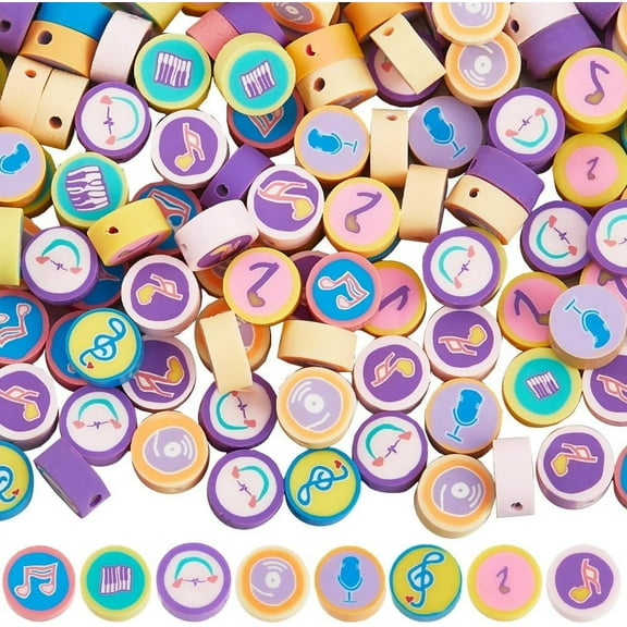 1 Box 200Pcs Music Theme Beads Musical Note Bead Bulk Colorful Polymer Clay Flat Round Random Arts Handmade Loose Spacer Beads
