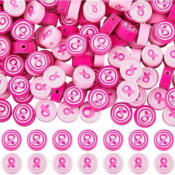 1 Box 200Pcs Pink Ribbon Beads Flat Round Polymer Clay Beads Bulk Soft Women Breast Cancer Awareness Hope Handmade Loose Spacers for Jewelry Making Bracelet Keychain DIY Crafts Accessories