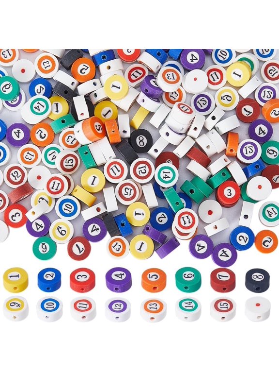 1 Box 200Pcs Polymer Clay Beads Sports Charms Flat Round Clay Beads Bulk Billiard Ball Number Digital Printed Colorful Spacer Bead