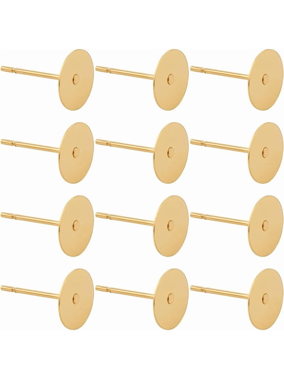 1 Box 200Pcs Real 24K Gold Plated Stainless Steel Earring Posts Earring Stud Posts Bulk 8mm Flat Back Round Pad Blank Settings Nut Studs Findings for DIY