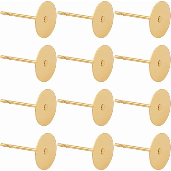 1 Box 200Pcs Real 24K Gold Plated Stainless Steel Earring Posts Earring Stud Posts Bulk 8mm Flat Back Round Pad Blank Settings Nut Studs Findings