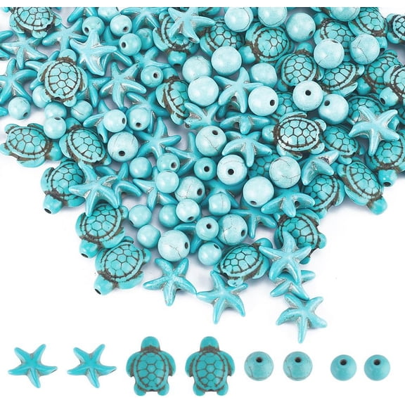 1 Box 200Pcs Sea Turtle Beads Starfish Charms Boho Style Sea Animal 8mm 6mm Round Turquoise Bead Bulk Blue Ocean Turtles Tortoise Spacers for Jewelry Making Beading Kits diy