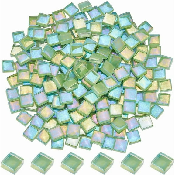 1 Box 200Pcs Square Mosaic Tiles Bulk Mosaic Glass Pieces Green Glass Tiles Mosaic Cabochons Pieces Accessories for Crafts Stepping Stone DIY Mosaic Making Picture Frames Home Decor Light Green