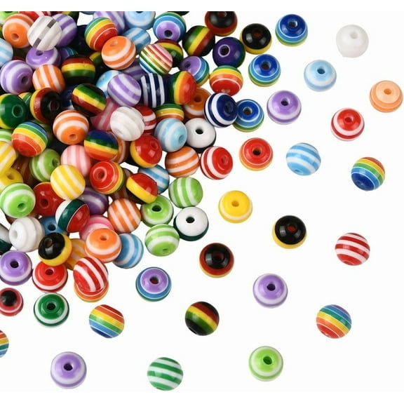 1 Box 200Pcs Stripe Beads Round Rainbow Beads Bulk Loose 8MM Plastic Resin Bubblegum Gumball Cute Opaque Assorted Color Spacers for Jewelry Making Findings Bracelets Necklace Adults Beginner