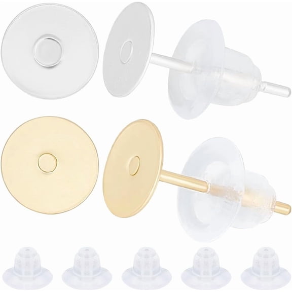 1 Box 200Pcs Stud Earring Findings 24K Gold 925 Sterling Silver Plated Blank Post Earring Flat Round Earring Studs with 200Pcs Ear Nuts for DIY Jewellery Making(Tray: 6mm) for DIY