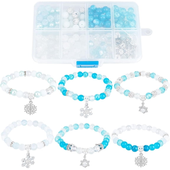 1 Box 209Pcs DIY 6 Sets Snowflake Bracelet Making Kit Winter Charms Snow Snowflake Charms Christmas Bracelet Sets Glass Beads for Jewelry Making Kits Beginners Starter Women DIY Gift Craft Platinum