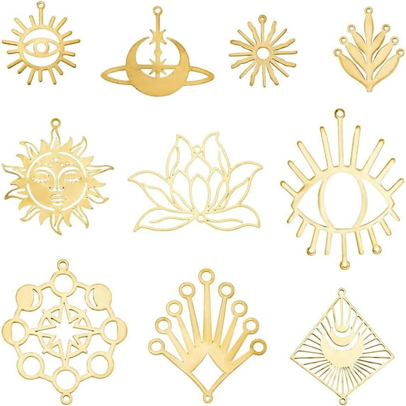 1 Box 20Pcs 10 Styles Brass Charm Connectors Link Charms Bulk Metal Golden Hollow Sun Moon Eyes Lotus 2 Holes Connector Links Charm