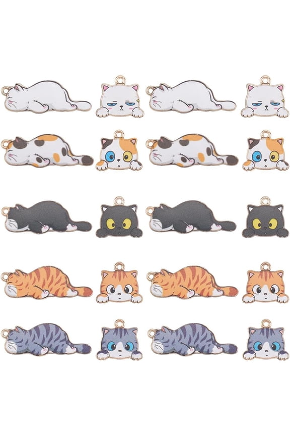 1 Box 20Pcs 10 Styles Enamel Cat Charms Gold Cat Head Charm Bulk Cute Metal Alloy Kitty Animal Pendants for Necklace Bracelet Earrings Jewelry Making Charms Supplies DIY Crafting Accessories Colorful