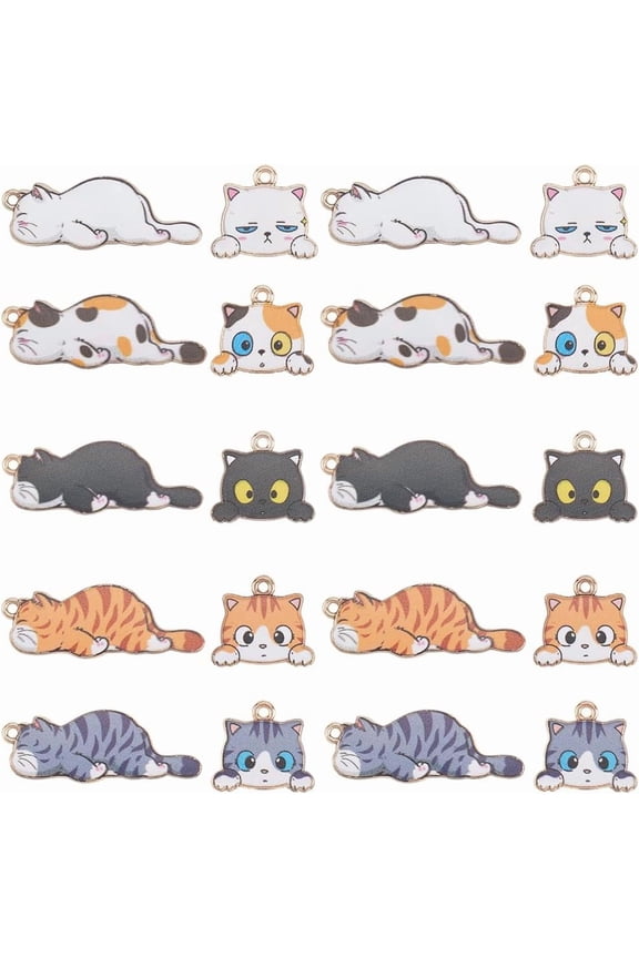 1 Box 20Pcs 10 Styles Enamel Cat Charms Gold Cat Head Charm Bulk Cute Metal Alloy Kitty Animal Pendants for DIY handcrafting